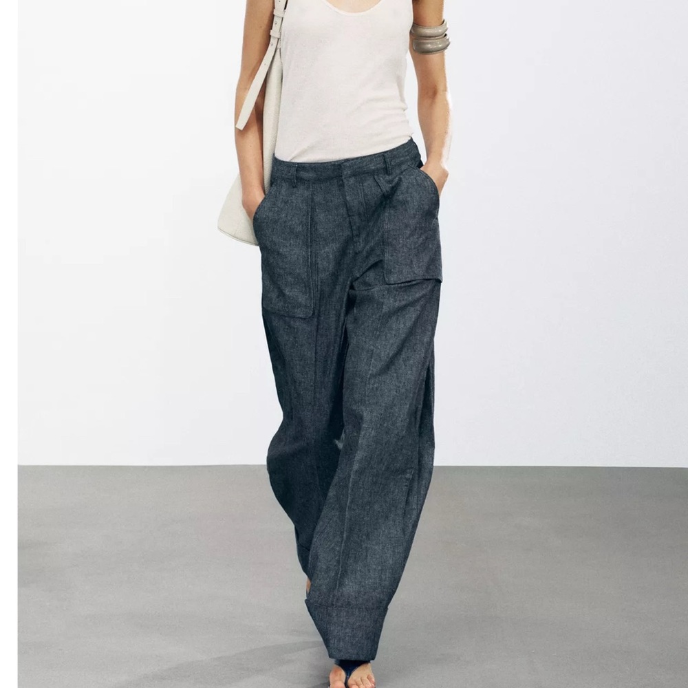 Zara linen blend denim wide leg pants, S